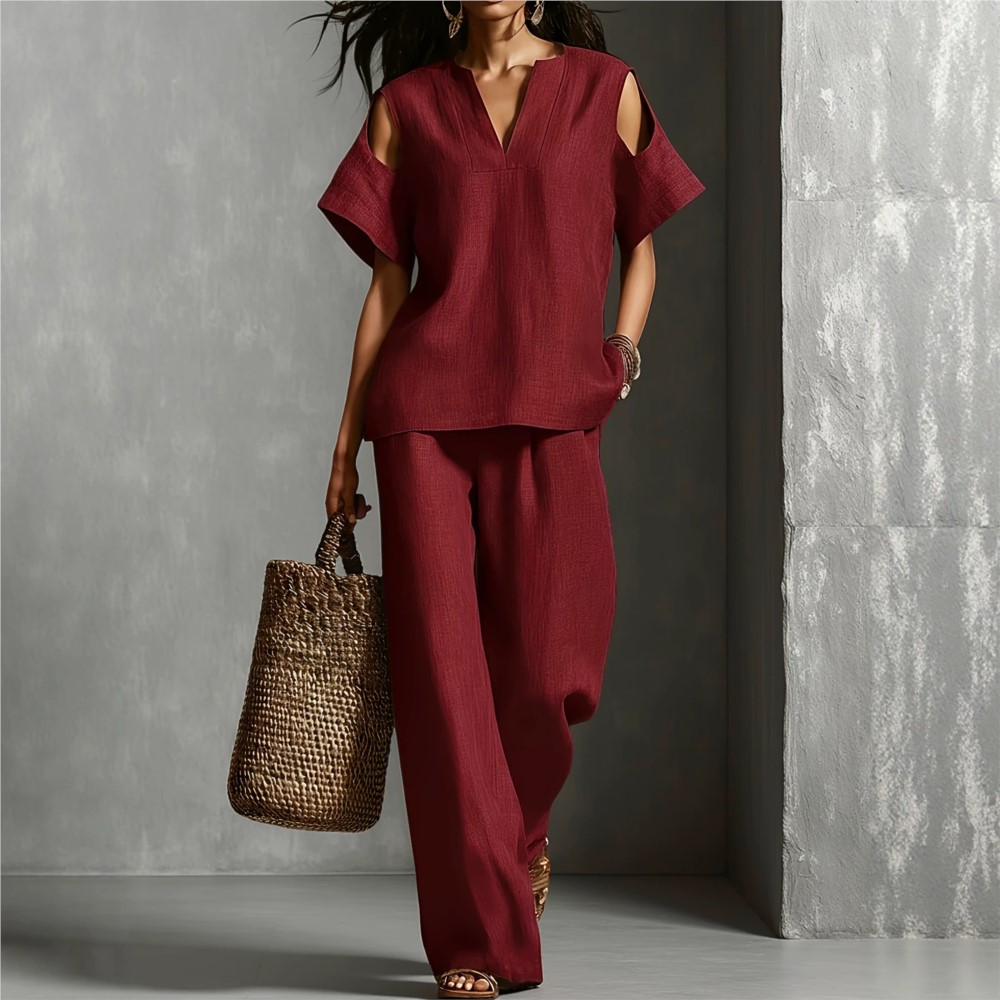 Setelan Wanita Warna Solid Sed - Linen Pant Wide ulasan dan harga